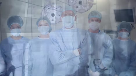 animación de un grupo de médicos con máscaras faciales sobre personas que caminan por la calle.
