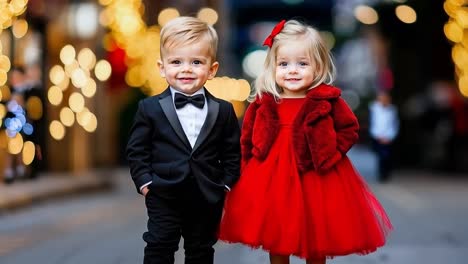 a little boy and a little girl in formal wear walking down the street