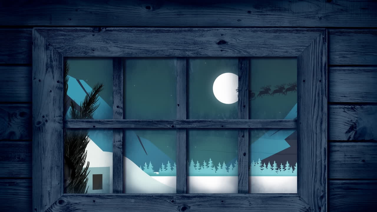 marco de ventana de madera contra santa claus en trineo siendo tirado por renos sobre el paisaje de invierno