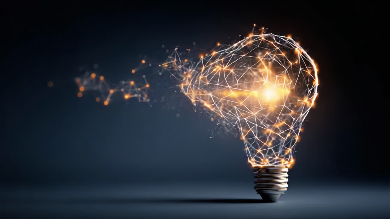 Un'esplosione creativa di innovazione: Visualizzazione di una lampadina con energia dinamica e reti intricate che rappresentano idee e concetti in un ambiente scuro.