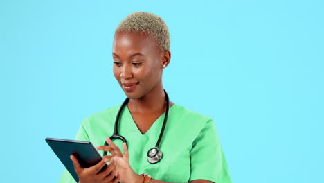 Tablet,-doctor-or-happy-black-woman-isolated