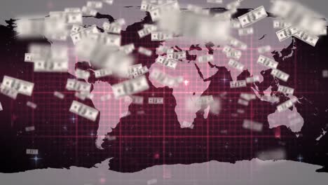 animation of american dollar banknotes floating over heart rate monitor and world map