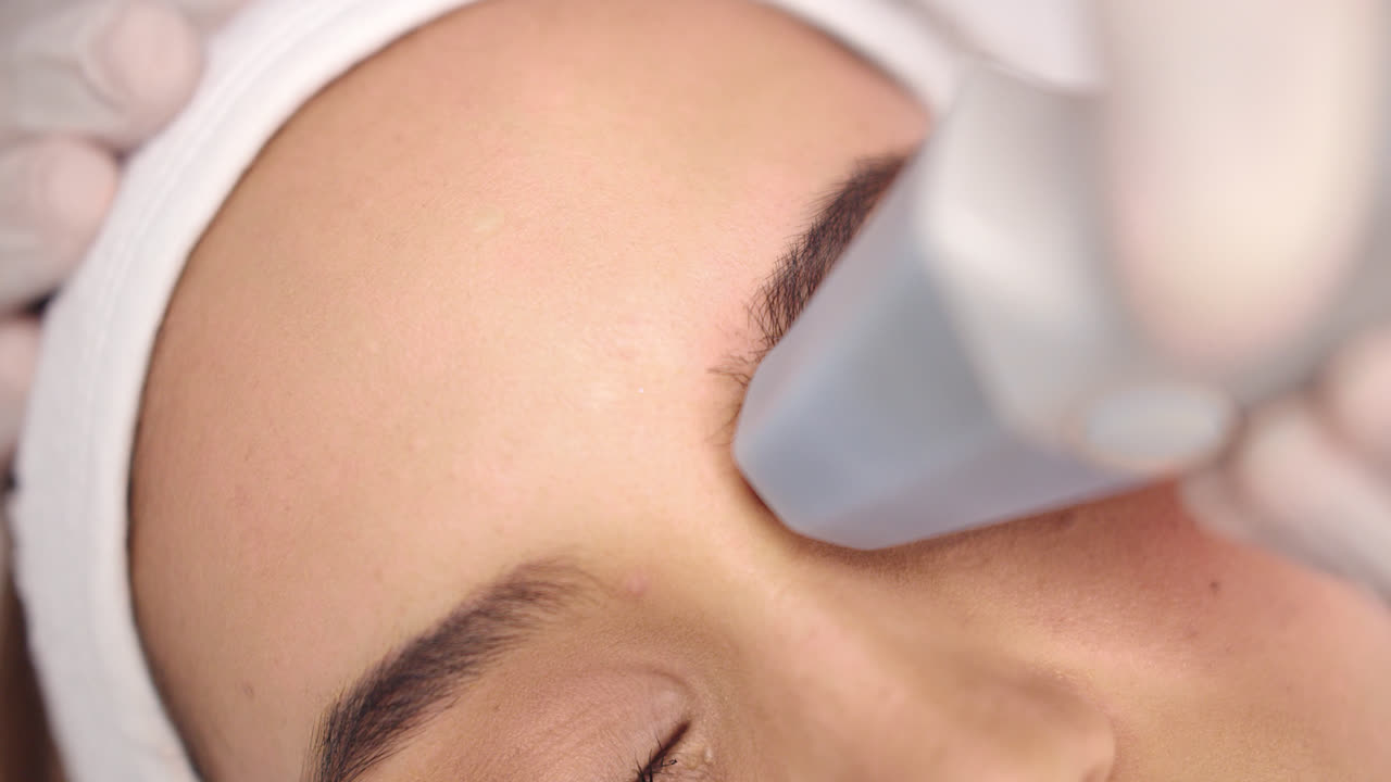Beautiful great close up and slow motion shot of a facial cleansing routine with modern machines on a very beautiful young woman with beautiful white skin complexion.