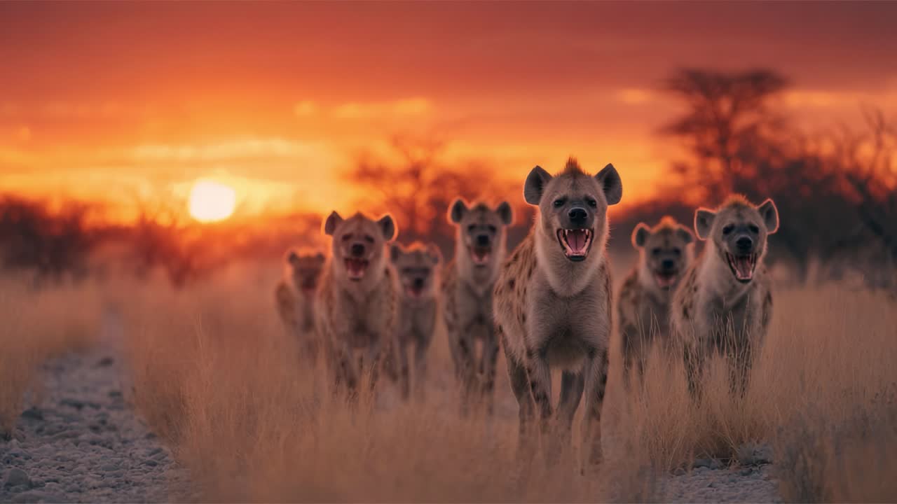 A Thrilling Encounter with a Pack of Hyenas at Sunset, Capturing Their Wild Spirit Against the Dramatic Backdrop of the African Savannah Landscape