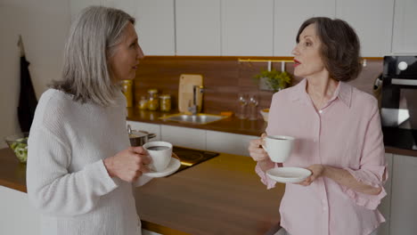 two older woman friends talking while drinking coffee in the kitchen 2