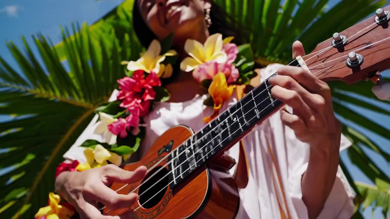 Musicista che suona l'ukulele con una lei di fiori in un ambiente tropicale