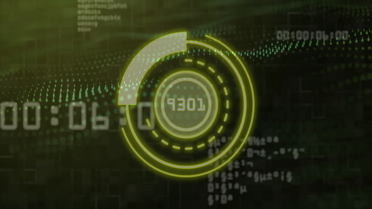 animación de procesamiento de datos digital con interfaz circular y códigos numéricos