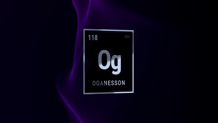 Rendering 3D dell'elemento Oganesson della tavola periodica su sfondo scuro.