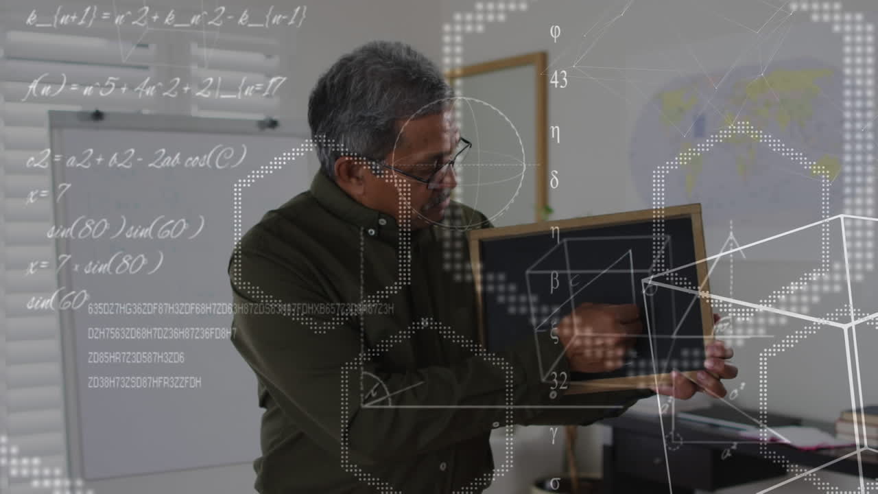 Animation of mathematical equations over biracial male teacher holding blackboard