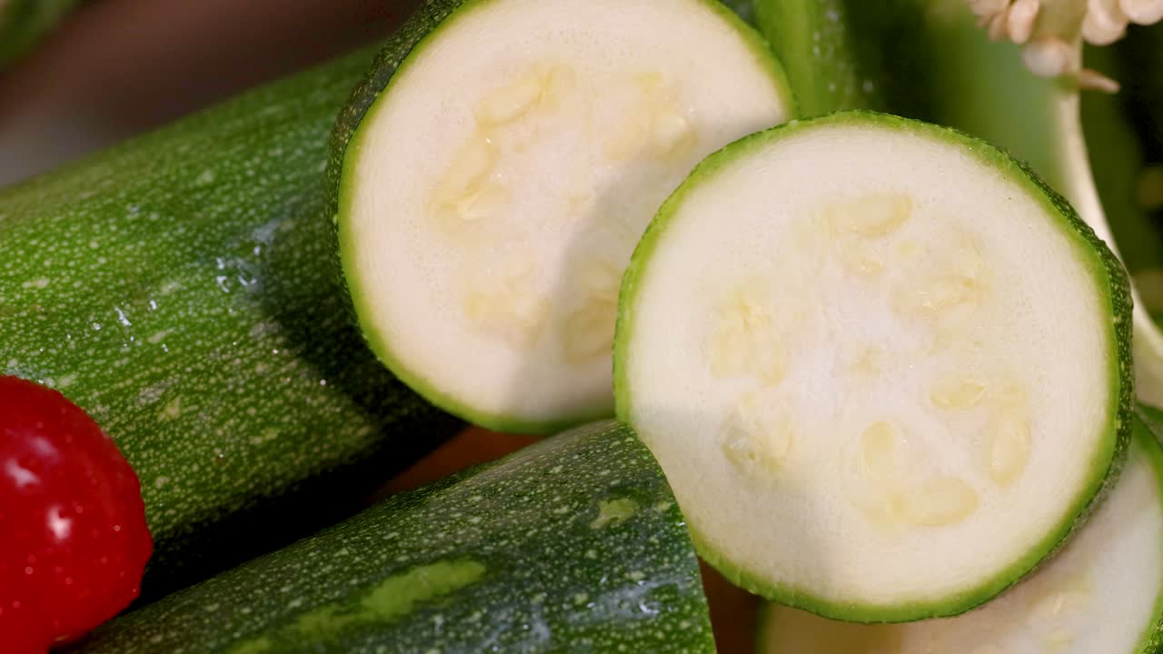 신선한 채소의 활기찬 클로즈업 애니메이션, 동적 카메라 움직임과 자연 조명으로 zucchini와 체리 토마토를 강조합니다.