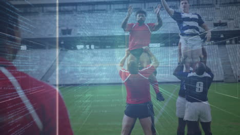 animación del procesamiento de datos sobre jugadores de rugby en el estadio