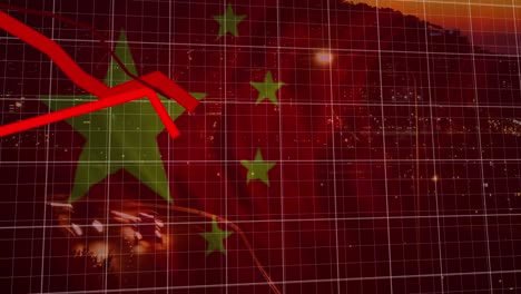 animation of red lines, financial data processing, flag of china over cityscape