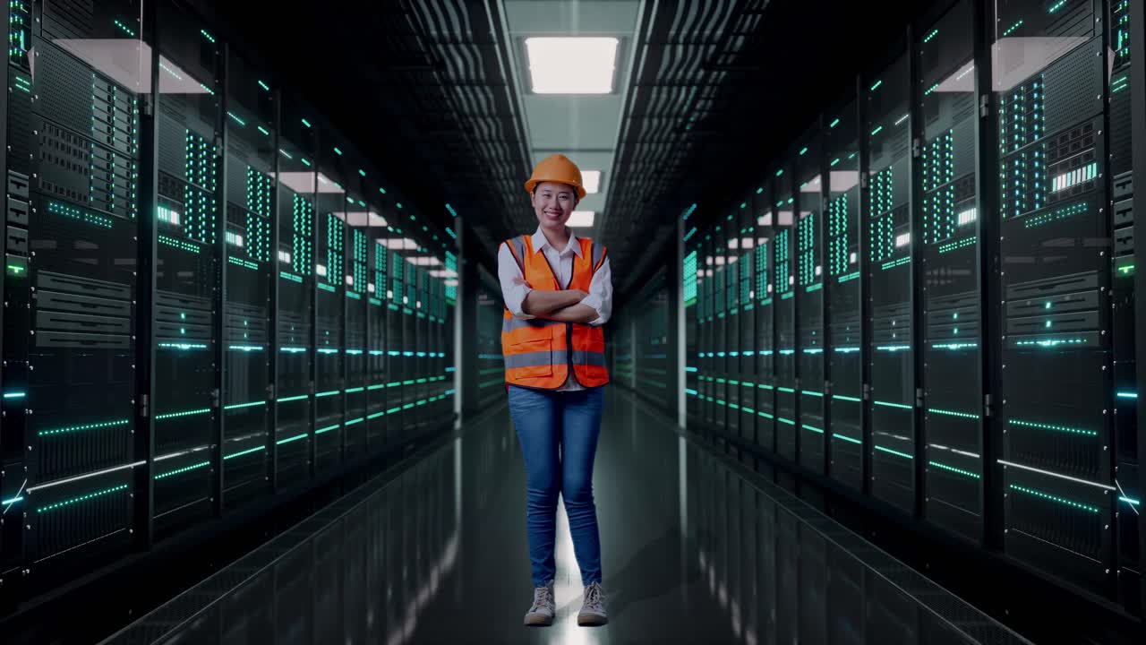 Full Body Of Asian Female Engineer With Safety Helmet Crossing Her Arms And Smiling To Camera While Standing in Server Room Data Center