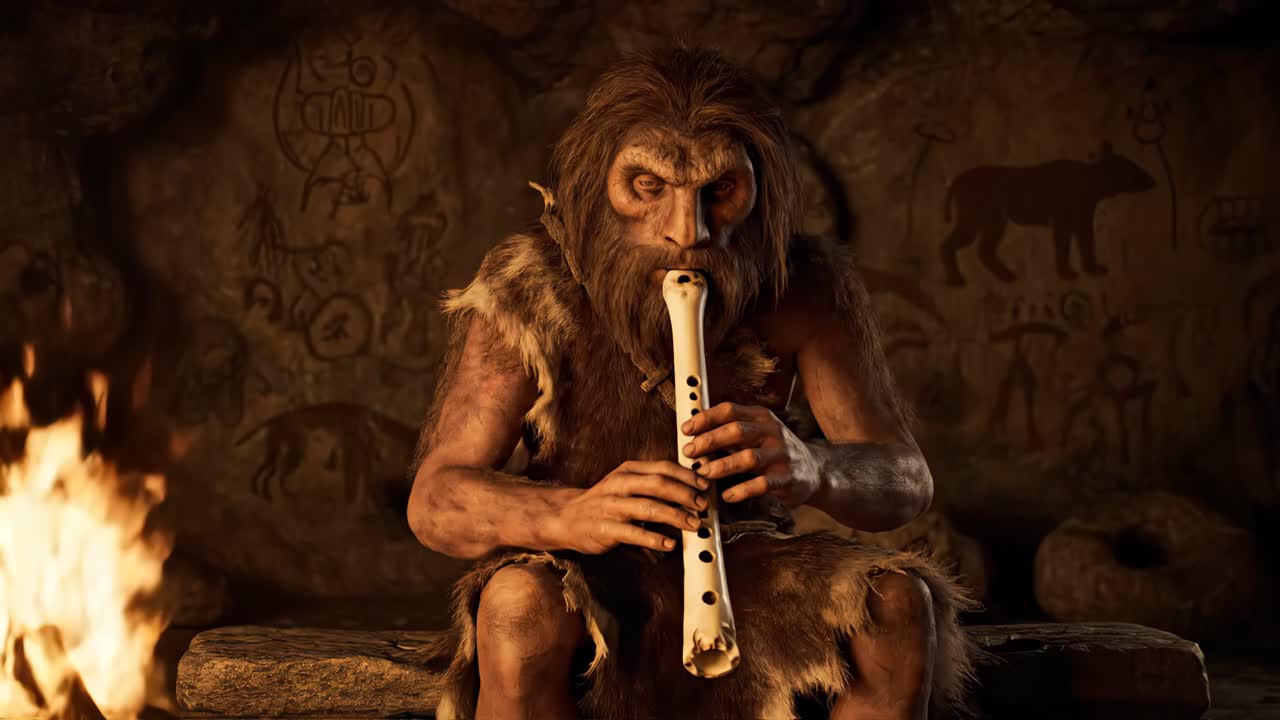 Caveman Playing Flute in Cave