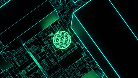 flying in the cubic space of a light green neon abstract sphere.