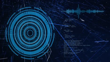 Animation-of-blue-circular-scanner-and-processing-data-on-interface-with-black-background