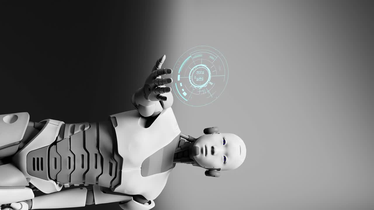 Vertical of Robot prototype cyborg holding on palm hand holographic contactless panel board in 3d rendering animation, artificial intelligence taking over concept
