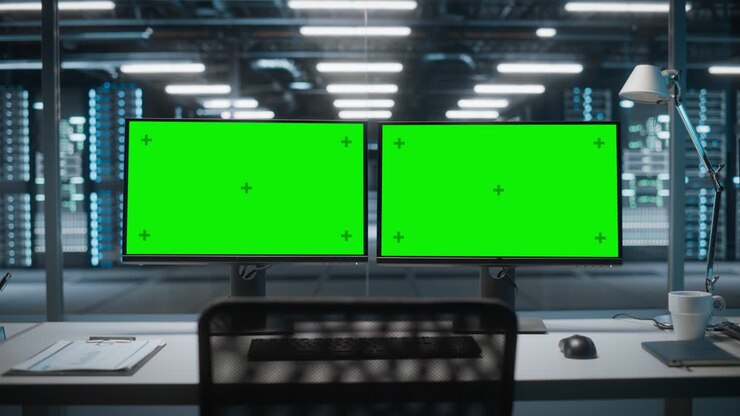 Server di data center ad alta tecnologia con due display Chroma Key a schermo verde mostrati su un computer personale posizionato su una scrivania. Concetto di monitoraggio moderno di servizi web, cloud computing, sicurezza informatica.