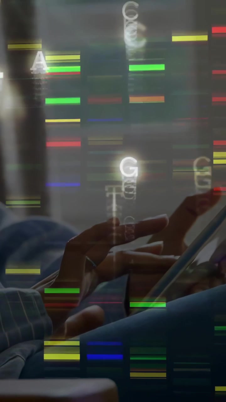 Vertical video: User tapping tablet, causing tech bars and GCT glyphs stacking over hands browsing