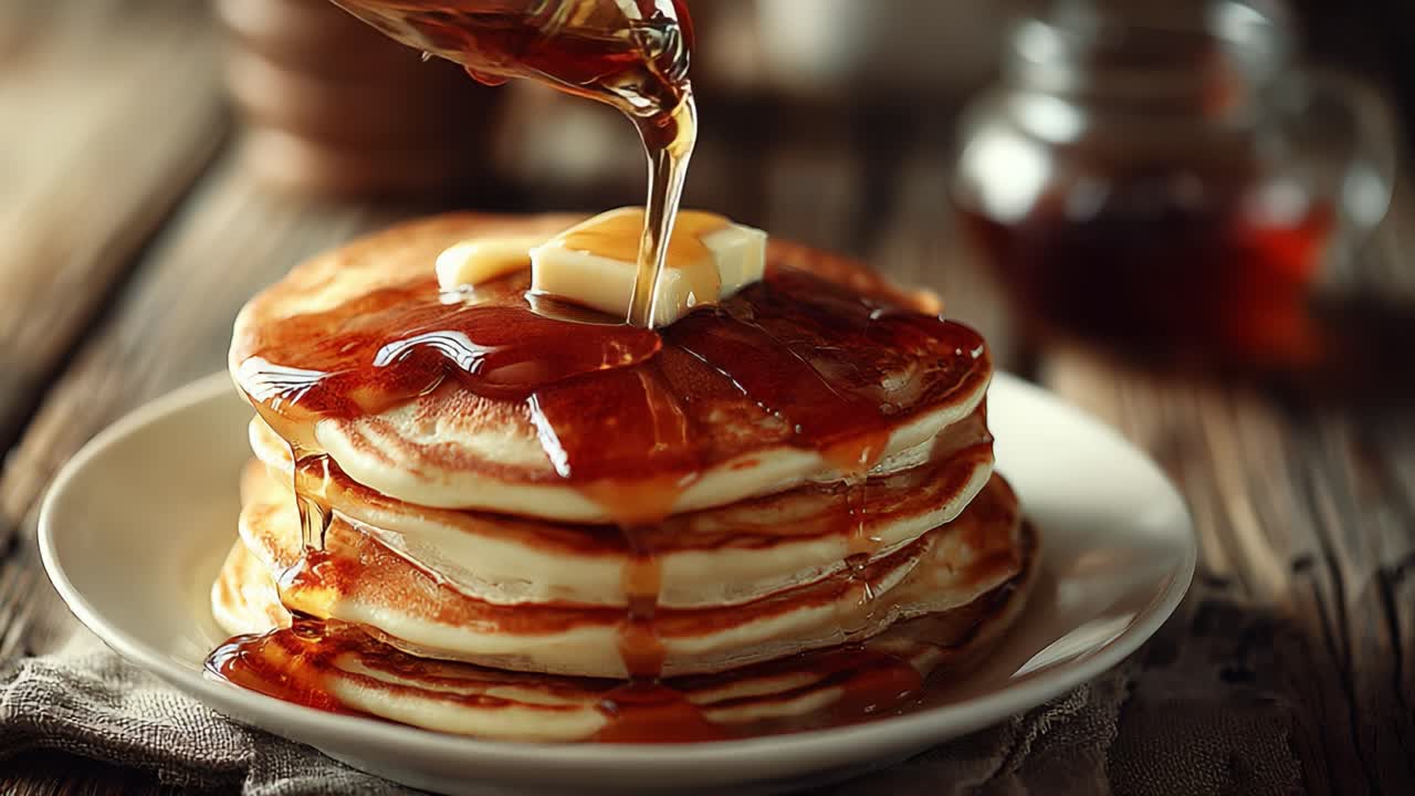 Deliciously Stacked Fluffy Pancakes with Melting Butter and Maple Syrup Drizzled Over the Top, Perfect for Breakfast Lovers to Enjoy Any Time of Day