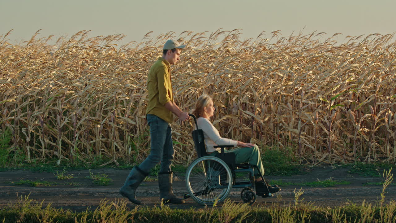Man pushing woman in wheelchair through cornfield
