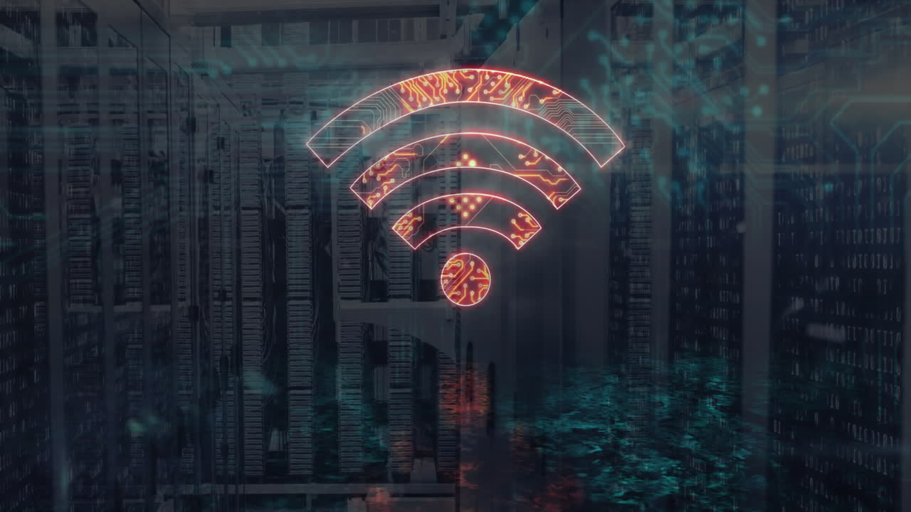 Glowing Wi-Fi symbol over server racks in data center animation environment