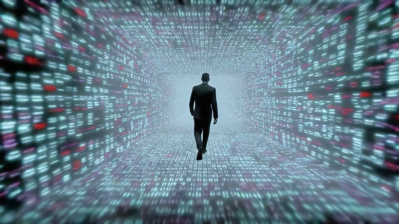 A Solitary Figure Progressing Through a Digital Realm of Colorful Data Streams, Embodying the Intersection of Technology and Human Experience in a Futuristic Landscape