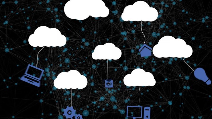 Animation of media icons and network of connections on black background