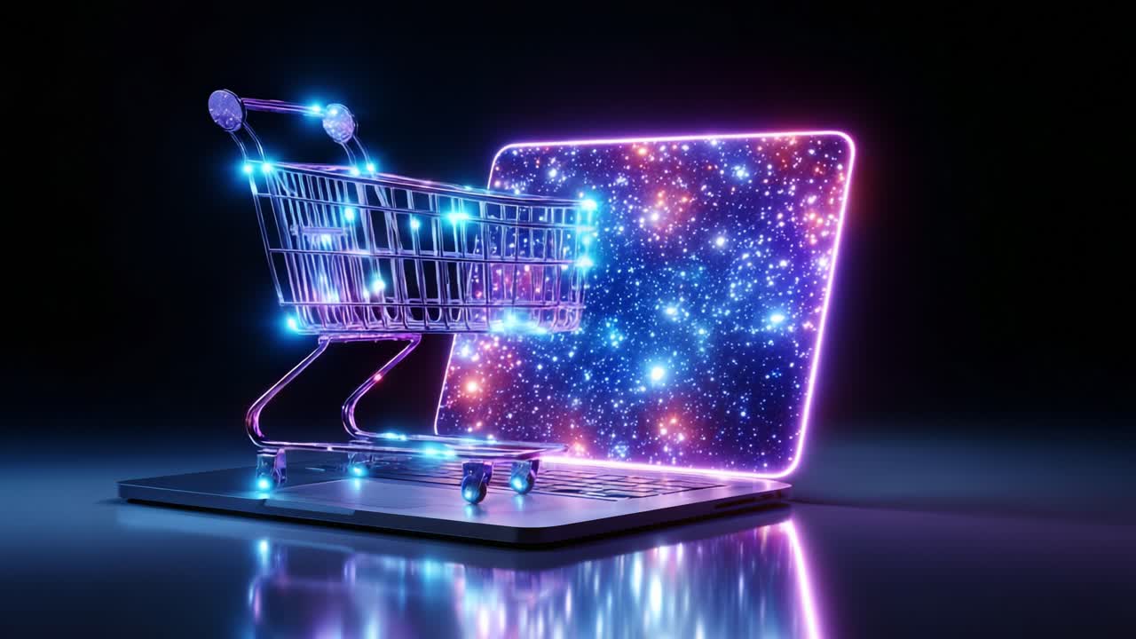 A Glowing Shopping Cart Ascends from a Futuristic Laptop Screen, Illuminated with a Cosmic Starfield, Merging E-Commerce with the Wonders of the Universe for an Enchanting Experience