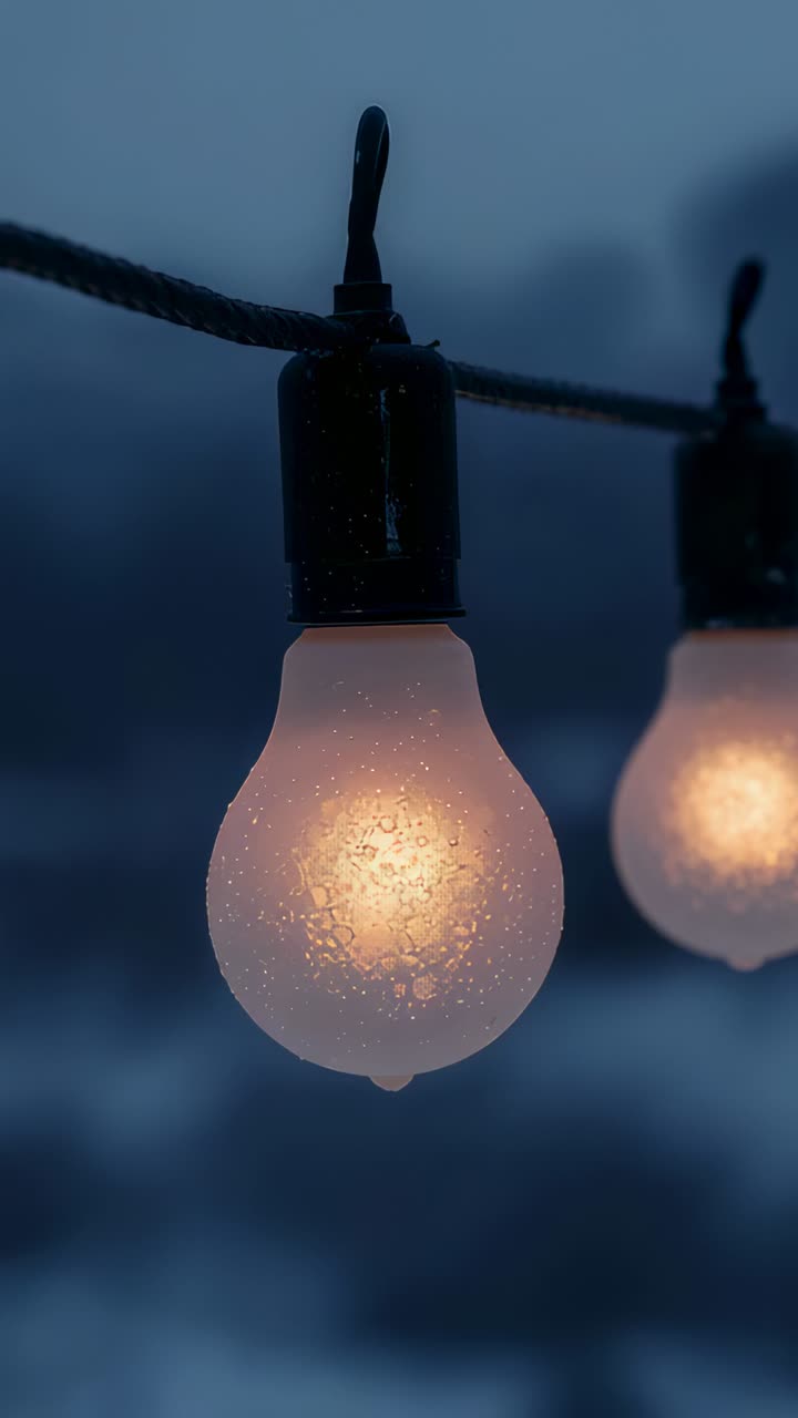 Vertical video: Swaying frosted bulb drifting from breeze at dusk, showing droplets, cord, socket
