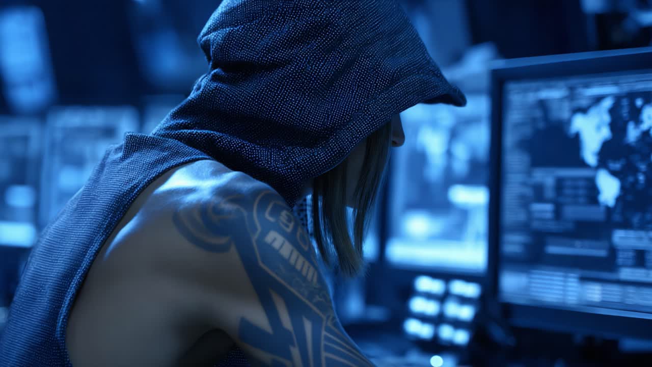 A Mysterious Figure Engaged in Cyberactivity in a Dimly Lit Room, Surrounded by Monitors Displaying Complex Data and Graphics, Enigmatic and Intense Atmosphere