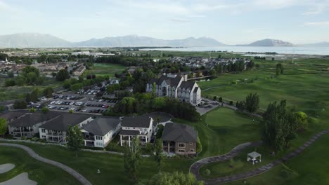 Golf-Course-on-Utah-Lake-in-Vineyard-at-Sunset---Aerial-Drone-View