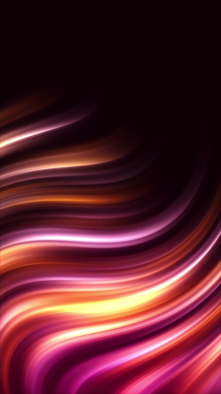 Dynamic dark background covered in smooth horizontal liquid waves shifting from pink to orange and gold light colors. Warm glowing tones. Loop animation. Vertical video.