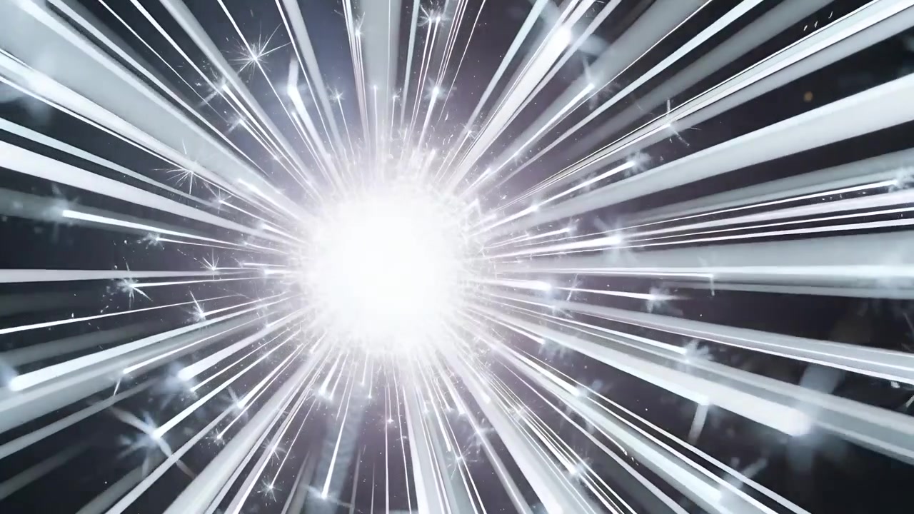 Igniting white core sending long beams across black void, scattering sparks, lens glare