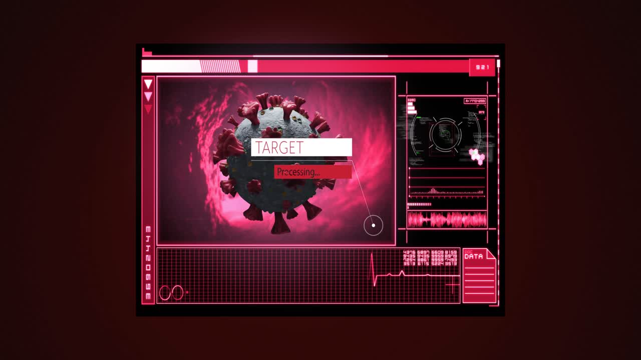 Animation of covid 19 cell and medical data processing on screens