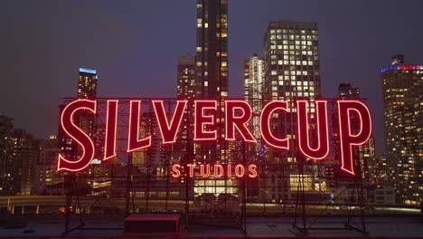aerial view of silvercup studios at night in long island city, queens