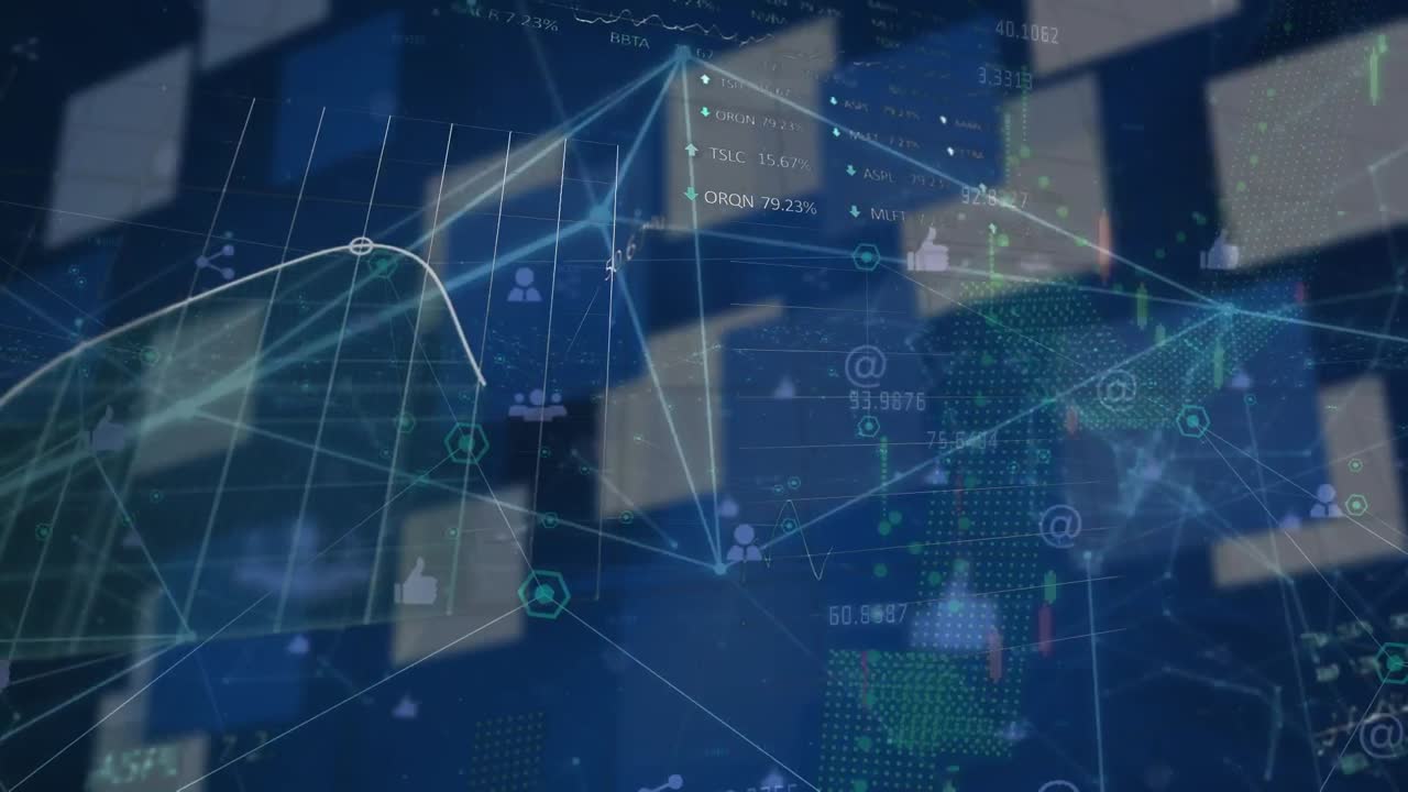 네트워크 아이콘과 함께 블루 스크린에서 다양한 금융 데이터와 그래프의 애니메이션
