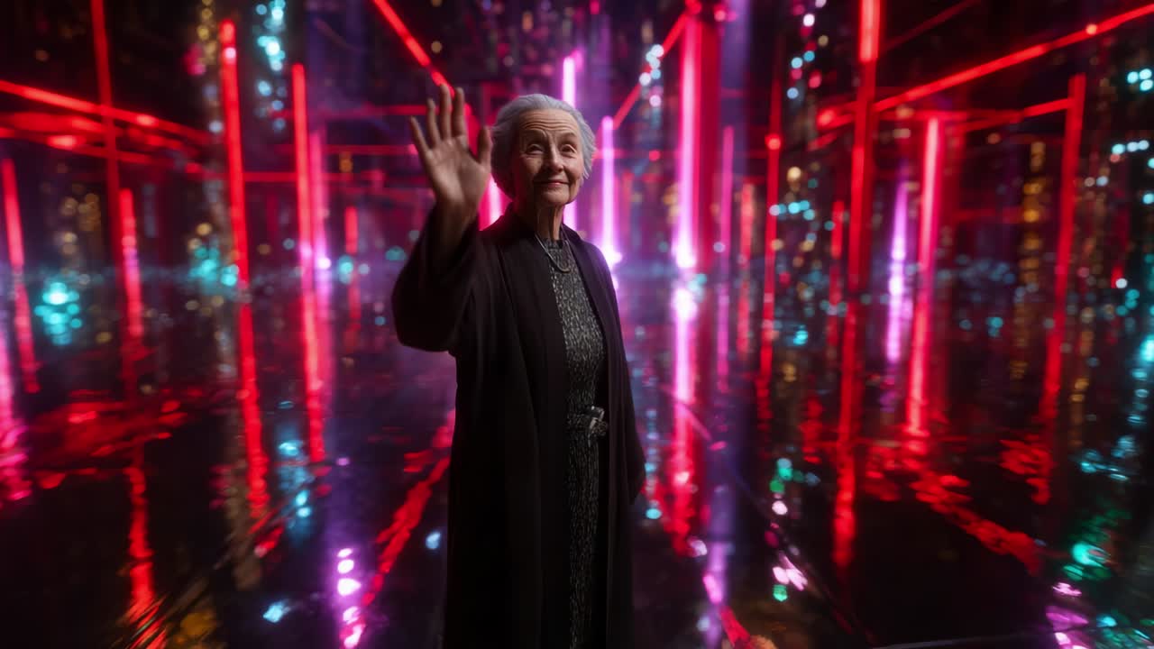 An elderly woman smiling and waving in a futuristic, colorful environment filled with vibrant neon lights and reflections, creating a surreal and mesmerizing atmosphere that captivates the viewer's attention