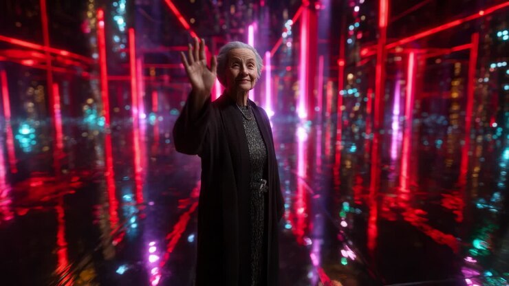 An elderly woman smiling and waving in a futuristic, colorful environment filled with vibrant neon lights and reflections, creating a surreal and mesmerizing atmosphere that captivates the viewer's attention