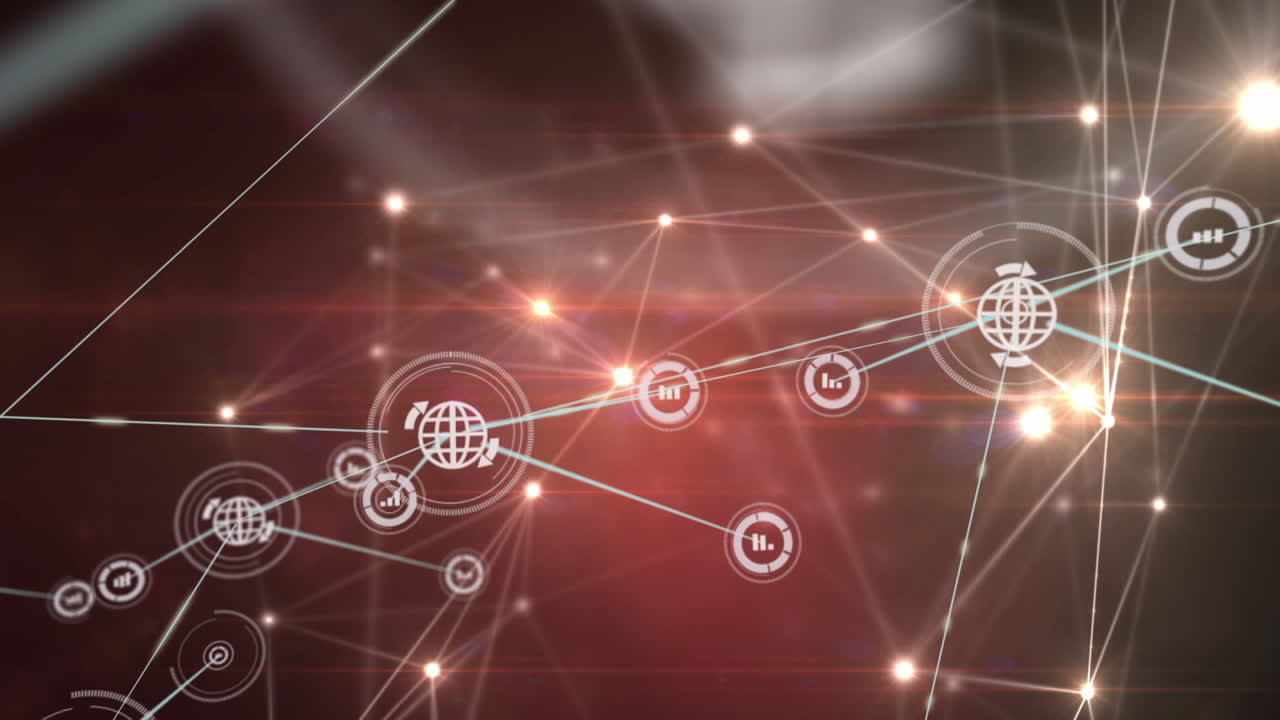 검은색 배경의 모양 위에 아이콘으로 연결된 네트워크의 애니메이션