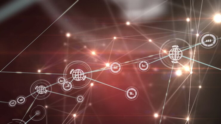 Animation of network of connections with icons over shapes on black background
