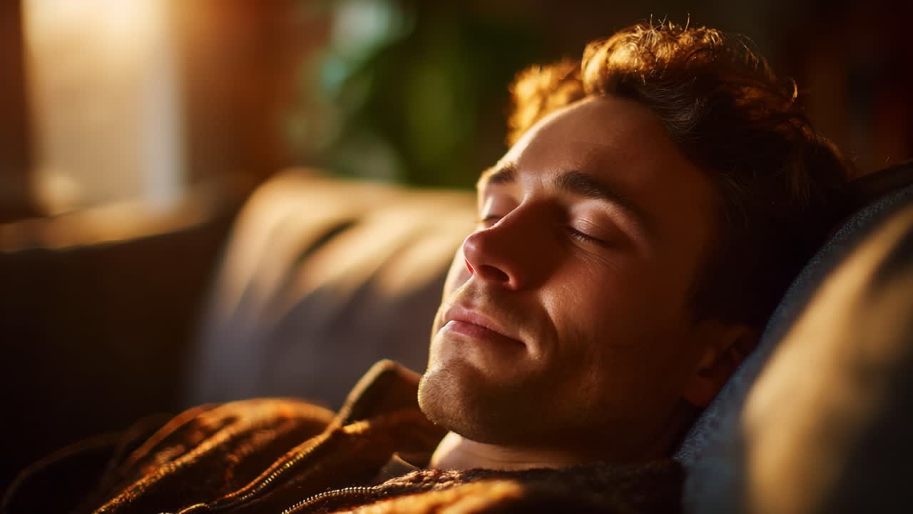 Et fredfyldt øjeblik fanget, hvor en ung mand nyder en rolig lur på en hyggelig sofa, der er oplyst af blødt, gyldent sollys, som strømmer ind ad vinduet.