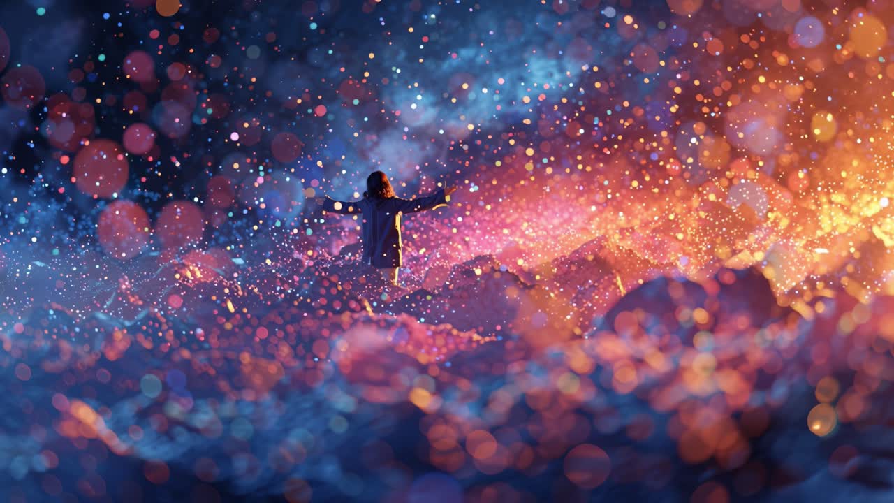 Young woman ascending in a mystical abstract landscape of glowing particles and cosmic energy, raising her arms in a gesture of wonder, inspiration, and spiritual connection
