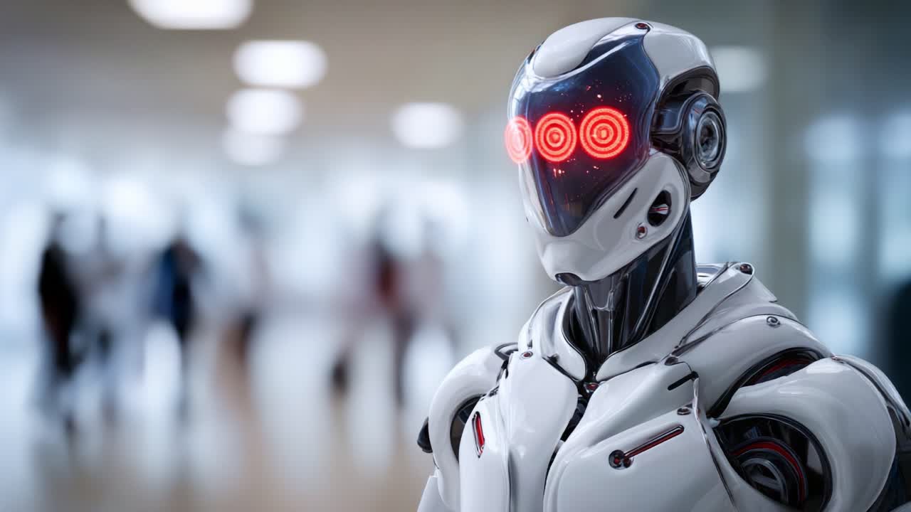 Un robot umanoide futuristico con occhi luminosi e un design elegante si trova in un ambiente moderno, mettendo in mostra i progressi compiuti nel campo dell'intelligenza artificiale e della tecnologia robotica