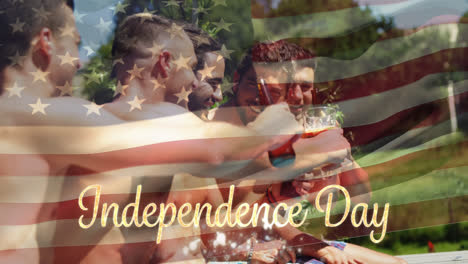 group of friends in a pool and the american flag with an independence day text