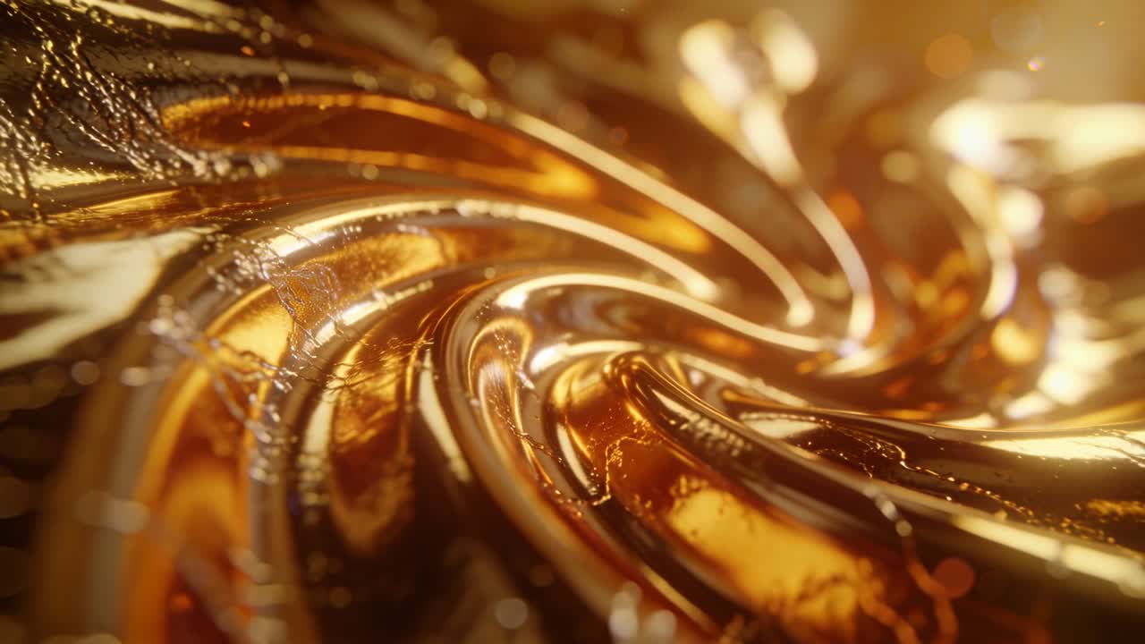Spirale dorata lucida rotante che si sposta sotto una luce calda in movimento in macro, rivelando goccioline.