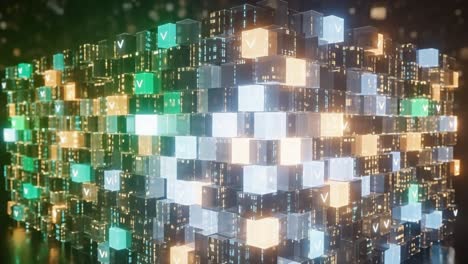a dynamic display of illuminated cube structures with vivid patterns in a futuristic digital environment captured in two distinct frames