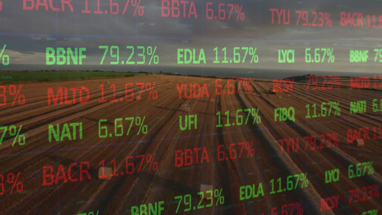 Animation af finansiel databehandling over en mejetærsker på en landbrugsmark.