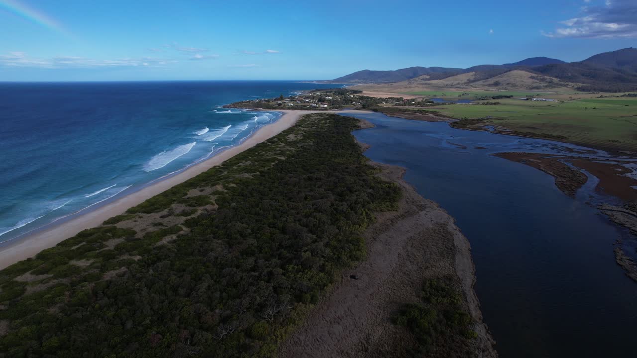 Steels Beach, Henderson Lagoon In Tasmania, Australia - Aerial Drone Shot