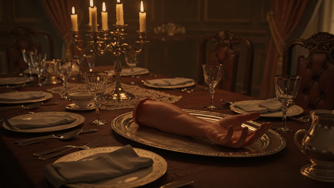 An Eerie Dining Experience: A Severed Arm Presented on a Silver Platter Surrounded by Elegant Tableware and Candlelight Ambiance in a Dimly Lit Room
